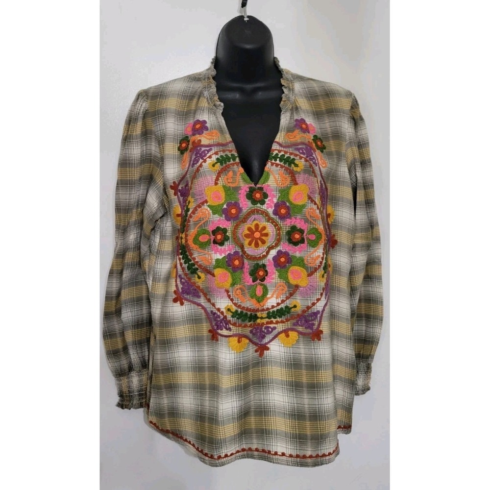 Ivy Jane 100% Cotton Olive Multi Color Floral Embroidered Top Size Medium
